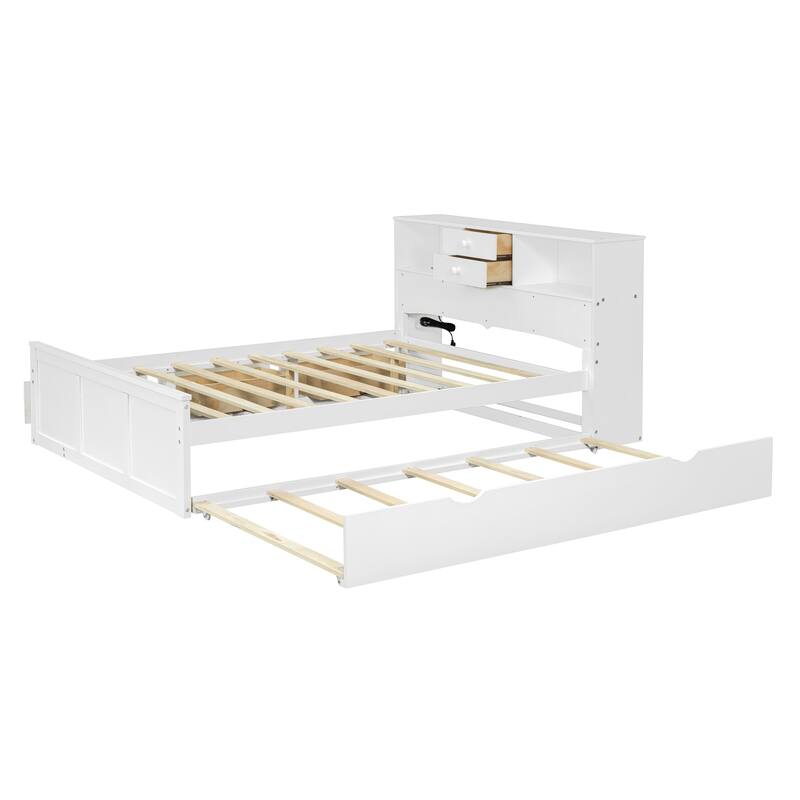HomeRoots White Wood Full Bed Frame With Trundle And Drawers