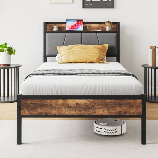 Metal&Wood Platform Bed with Storage Linen Headboard and Charging Station Bed Bath & Beyond