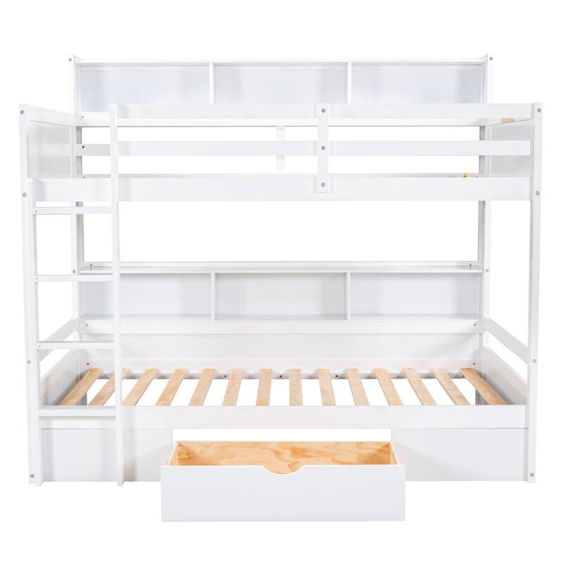 Twin Size Bunk Bed with Built-in Shelves and Storage Drawer, White