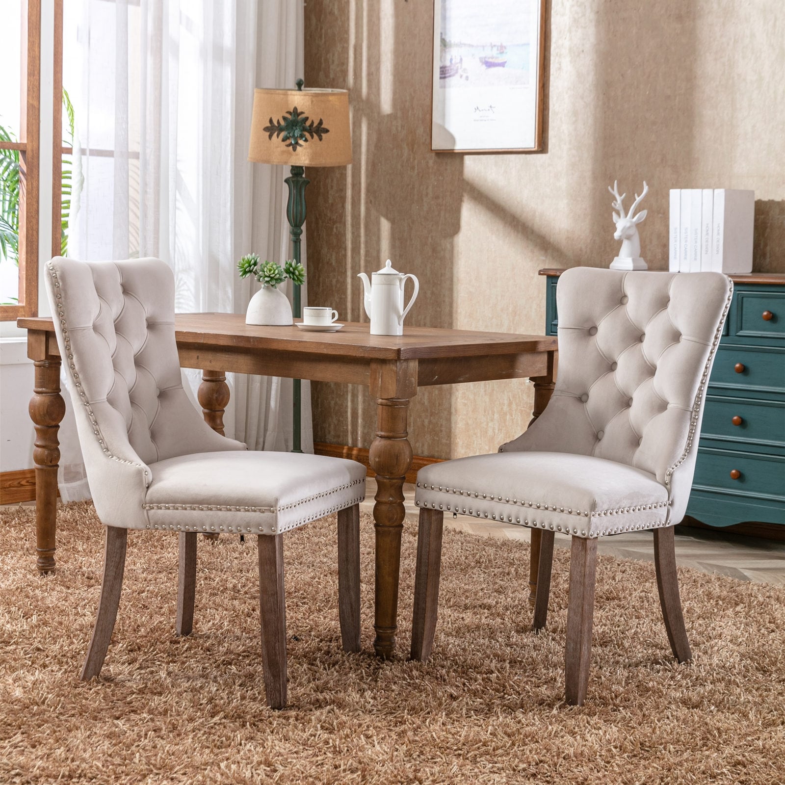 Velvet Upholstered Dining Chair Set of 2 Modern High Back Side Chair with Button Tufted Decoration Wood Legs and Nailhead Trim