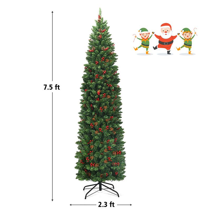 Pre Lit Christmas Tree Hinged Slim Tree with Pine Cones Red Berries - 7.5 Foot