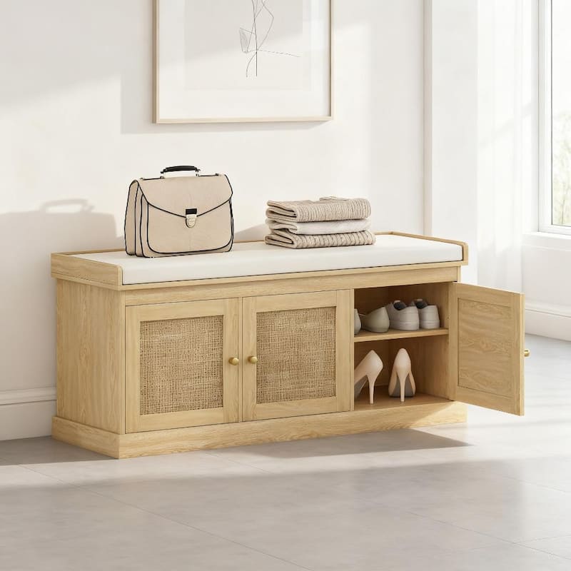 Shoe Storage Bench with Woven Rattan Doors, Shoe Bench with Cushion - Cream White,Oak