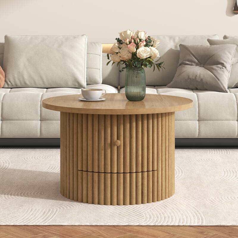Round Coffee Table for Living Room in Natural, Farmhouse Coffee Table with a Drawer, Center Table with Vertical Slat Ba - Natural