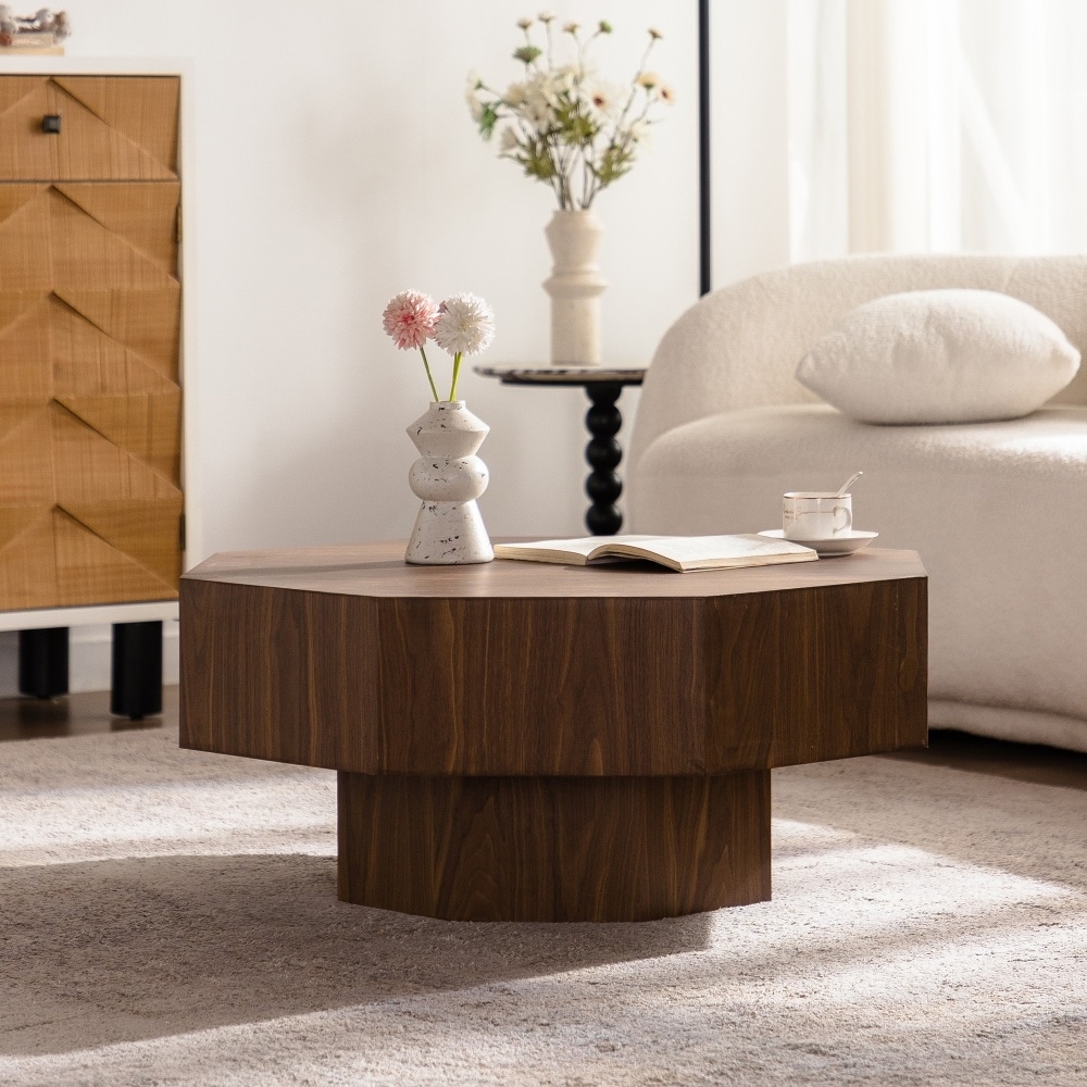 30.51" Vintage Wooden Octagonal-shaped Coffee Table with Stable Base