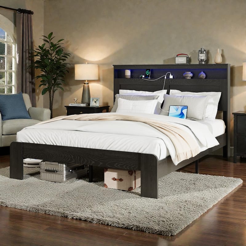 Wood Platform Bed Frame with Storage LED Headboard, 2 USB Ports, Metal Frame, No Box Spring Needed