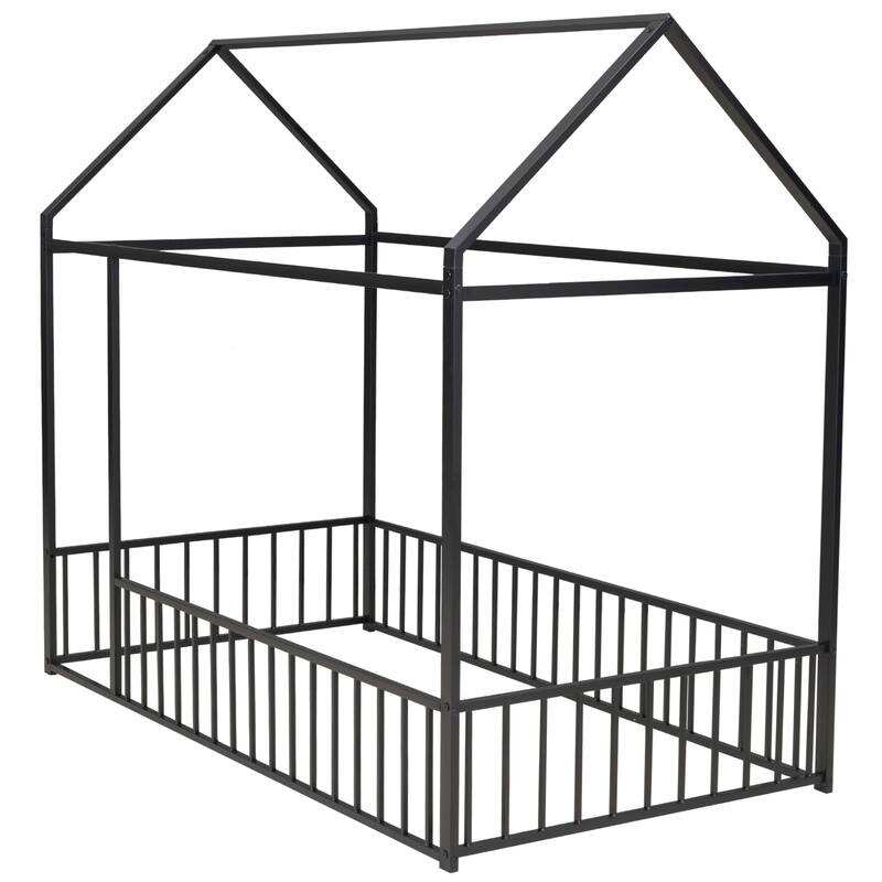 Kids' Twin/Full Metal House Bed Frame with Roof and Fence, Playful Sleep and Play Space, Sturdy Frame, Multiple Colors