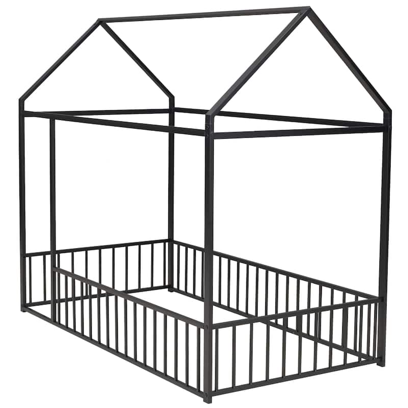 Metal Bed House Bed Frame with Fence