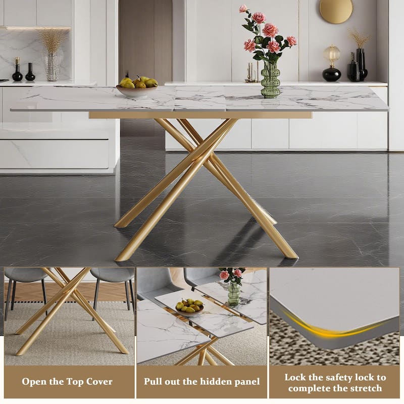 59-inch Modern Round Expandable Dining Table, Burnt Stone Top & Golden Carbon Steel X-Base, Sturdy 4-6 Person Table