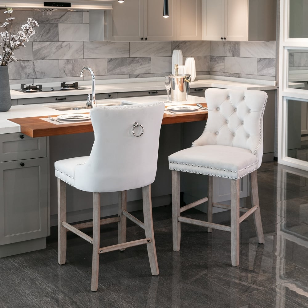 Roomfitters Velvet Bar Stools Set of 2, Tufted Upholstered Counter Chairs with Nailhead Trim and Wooden Legs