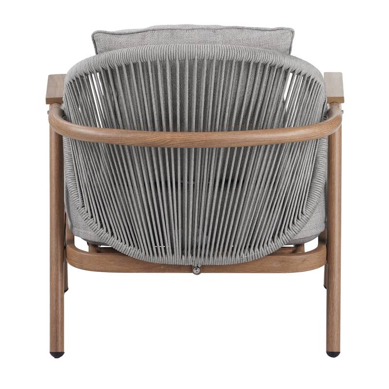 Roomfitters Orla Outdoor Rope Club Chairs with Plastic Wood Armrests and Cushions, Teak Finish