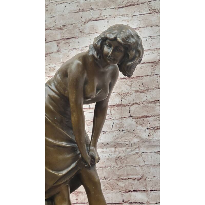 Elegant Bronze Sculpture Of Woman Adjusting Dress – Graceful Figurine On Marble Base