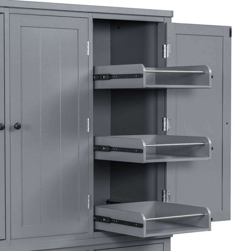 Farmhouse 74.8"Tall Freestanding Kitchen Pantry with Door Shelves,Adjustable Shelves, Pull-out Trays and Drawers
