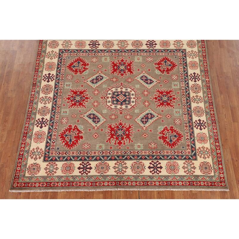 Brown Geometric Kazak Oriental Square Rug Hand-Knotted Wool Carpet - 6'8" x 6'5"