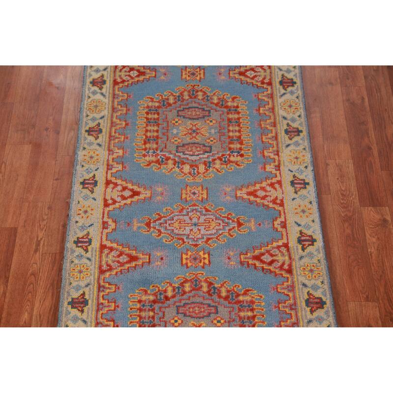 Hand Knotted Oriental 100% Wool Carpet Traditional Geometric Navy Blue & Blues Viss Runner Rug - 10' 0'' X 2' 6''