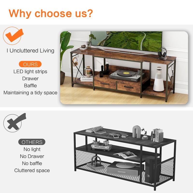 TV Stand with LED Lights Power Outlets - Light Brown Multi