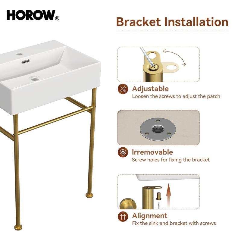 HOROW 24 in. Ceramic White Rectangular Bathroom Console Sink with Golden Legs and Overflow