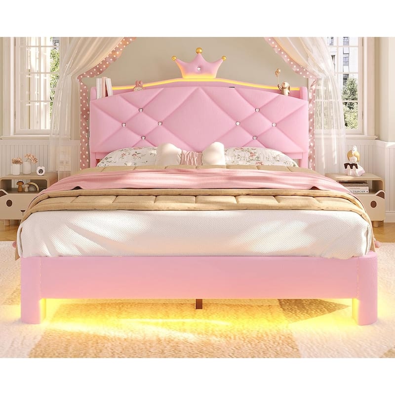 Princess Upholstered Bed with Headboard Charging Station Crystal Button Crown