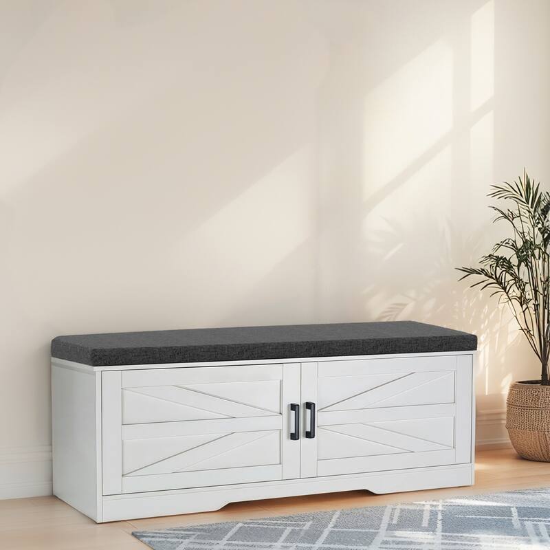 Shoe Bench with Padded Seat, Freestanding 2-Tier Entryway Bench, Storage Bench with 2 Barn Doors & 2 Adjustable Shelves