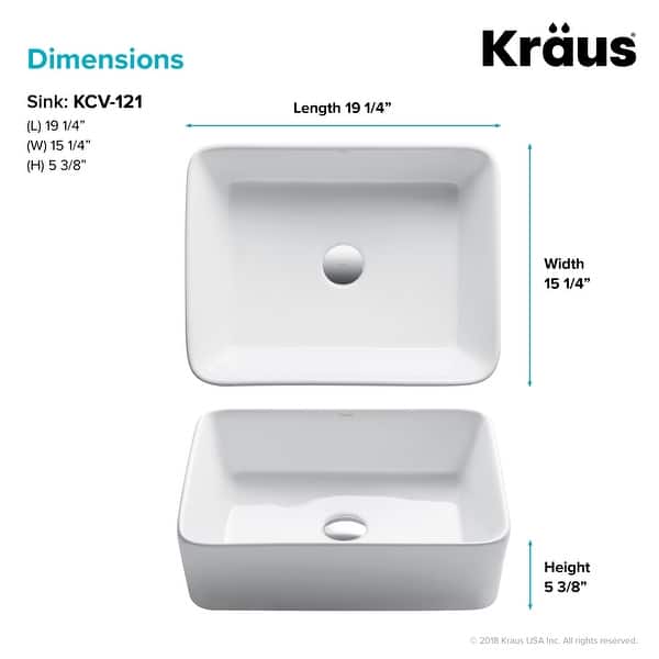 dimension image slide 0 of 2, Kraus Elavo 19 inch Rectangle Porcelain Ceramic Vessel Bathroom Sink