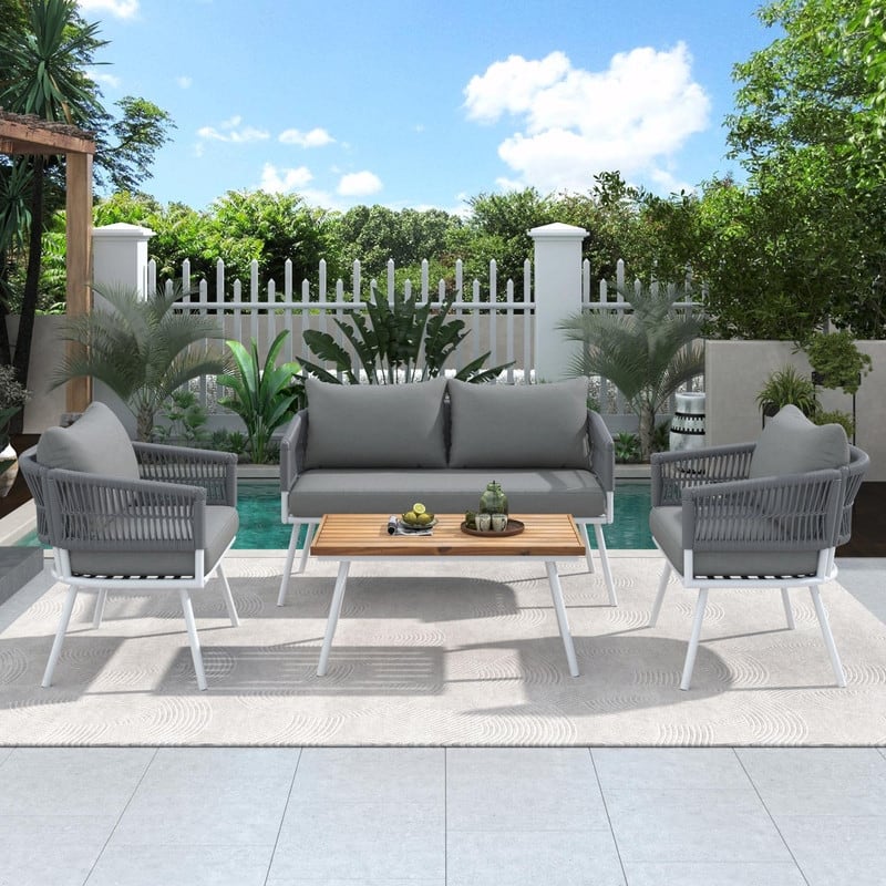 4-Piece Boho Rope Patio Furniture: Outdoor Seating with Acacia Wood Table, Thick Cushions