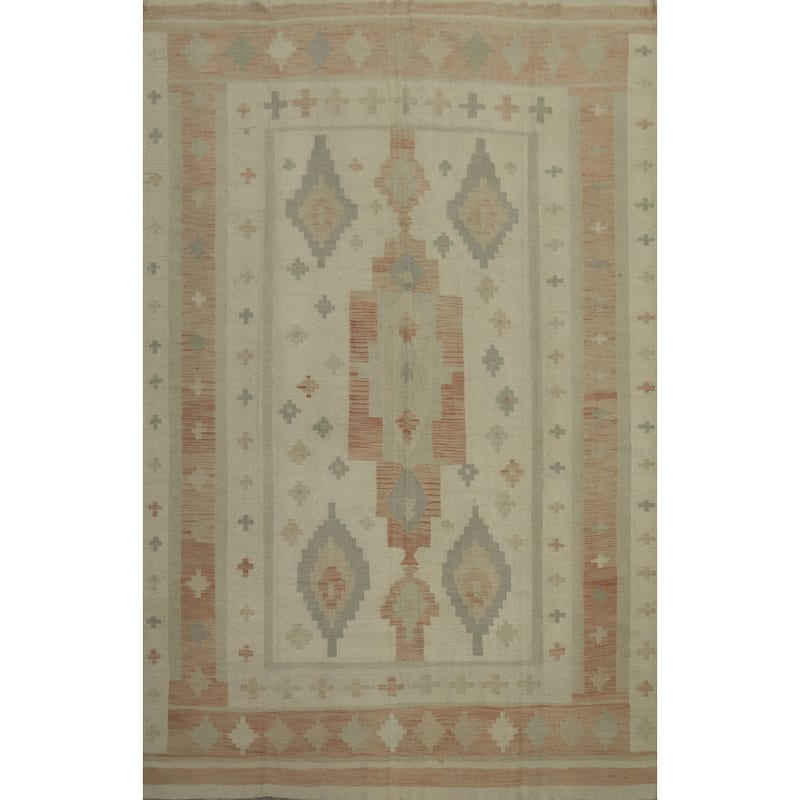 Hand Woven Oriental 100% Wool Carpet Southwestern Tribal Beige & Ivories Kilim Area Rug - 11' 4'' X 8' 4''