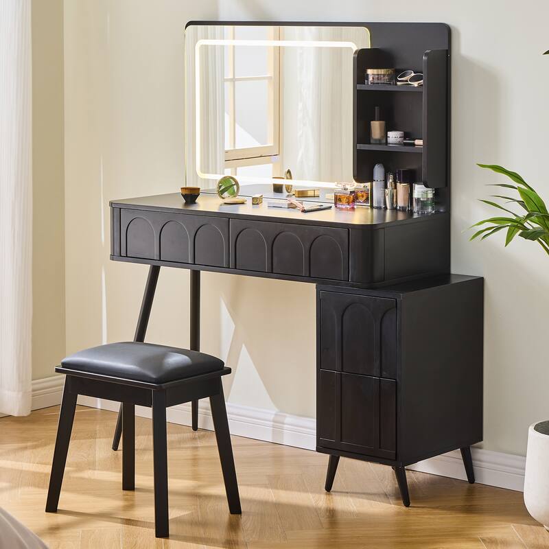 Modern Makeup Vanity Desk with LED Lights & Mirror, Extendable Dressing Table Set with Stool, 4 Drawer & Side Cabinet