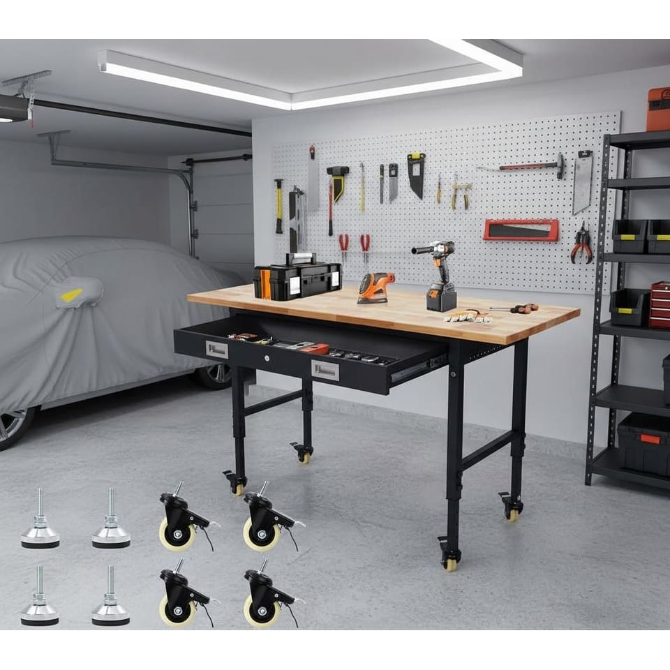 Heavy Duty 60" Adjustable Workbench, with Drawer and Wheel