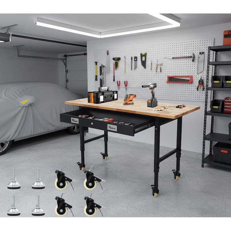 Heavy Duty 60" Adjustable Workbench, with Drawer and Wheel - Black