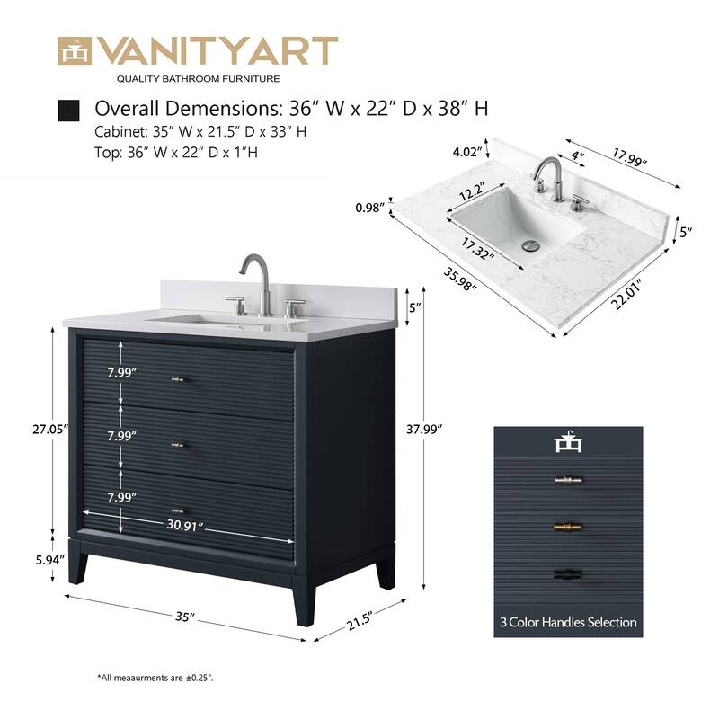 Vanity Art 36" Freestanding Bathroom Vanity with Engineered Marble Top and Sink