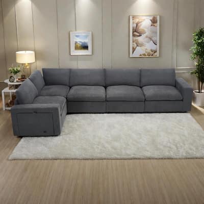 141.5" Linen Modular L-Shaped Sectional Sofa with Wireless Charging, Cup Holders & Book Storage, 5-Seat Configurable
