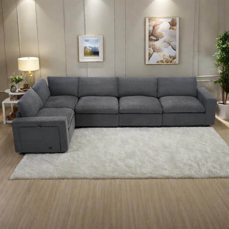 141.5" Linen Modular L-Shaped Sectional Sofa with Wireless Charging, Cup Holders & Book Storage, 5-Seat Configurable