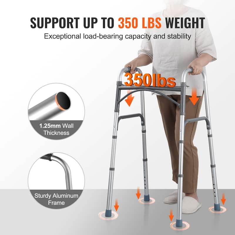 Folding Walker, 2-Button Folding Walkers, Front Wheeled Rolling Walkers for Seniors and Adults, Up to 350 Pounds