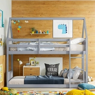 Twin Over Twin House Floor Bunk Bed with Headboards, Footboards and Guardrails, Ladder