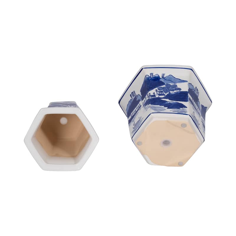 Sagebrook Home's Ceramic Set of 2 Fluted Chinoiserie Planters, Exquisite Blue and White, Perfect for Home Decor - 8" x 8" x 6"