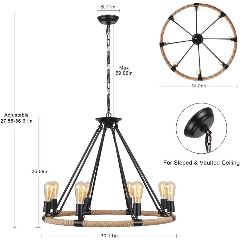 8-Light Classic Semi Flush Mount Chandelier, Farmhouse Modern Wagon Wheel Chandelier for Dining Room - W30.71"x H25.59"