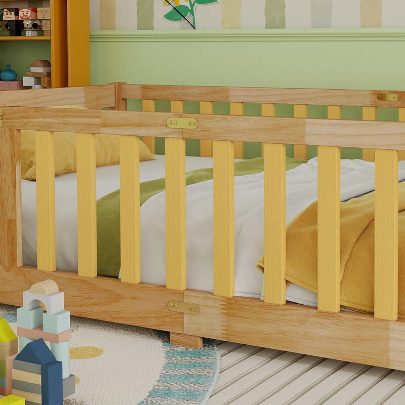 Twin Size Floor Bed with Fence and Door, Rubber Wood Floor Bed with Safety Guardrails