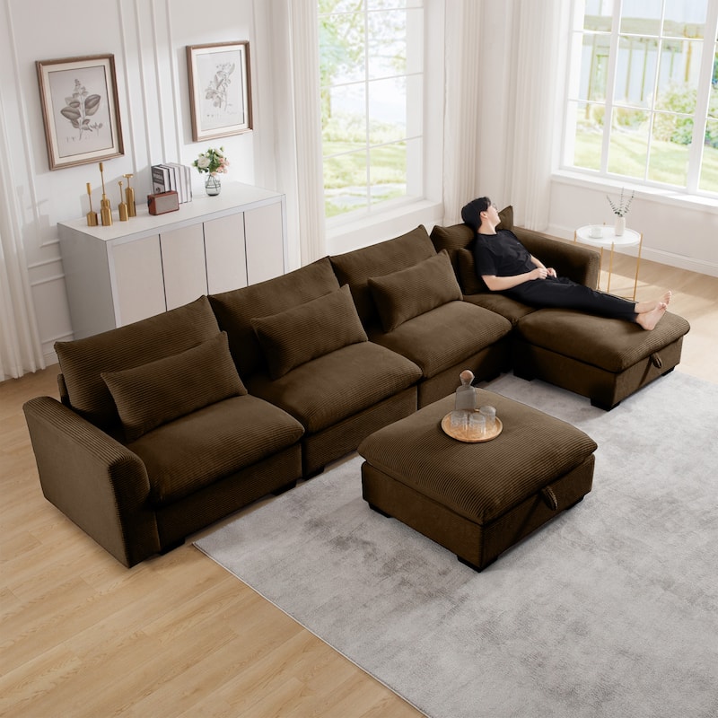 Big Deep Seat U-Shaped Corduroy Sectional Couches for Living Room - Brown