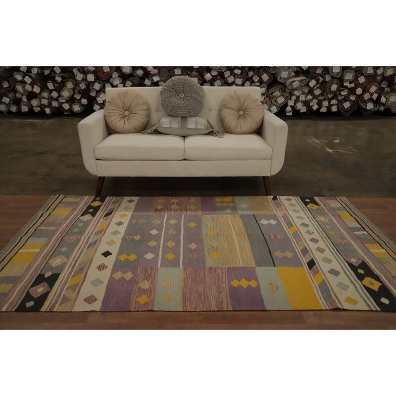Hand Woven Oriental 100% Wool Carpet Southwestern Tribal Purples Kilim Area Rug - 7' 11'' X 4' 10''
