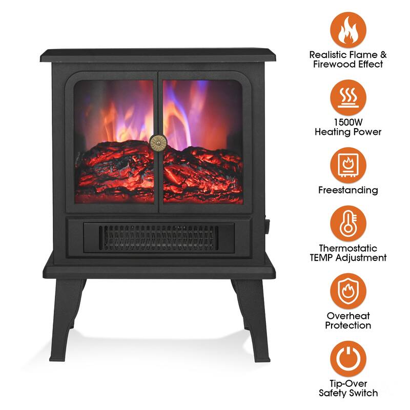1500W Freestanding Electric Stove Fireplace Heater with Realistic Flame and Overheat protection - 14" L x 8.11" W x 18.9" H