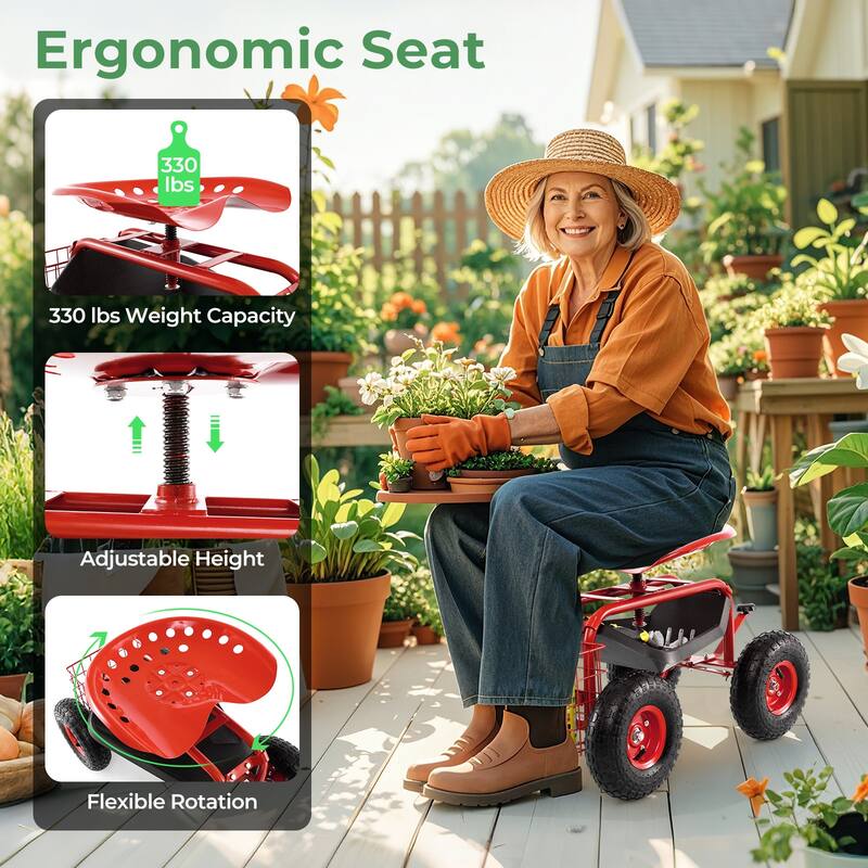 Gymax Cart Wagon Rolling Work Seat w/ Tool Tray Basket Planting Patio