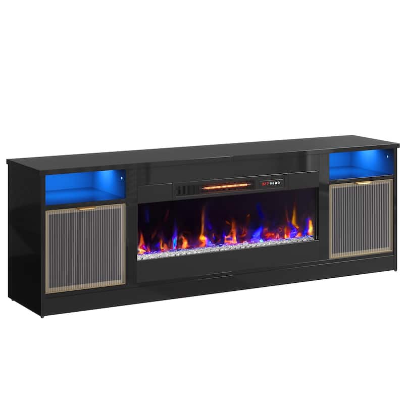 Bestier 71 in. Freestanding Fireplace TV Stand for TVs Up to 80 in. with Ample Storage in Glossy - 22.83hx71wx15.75d