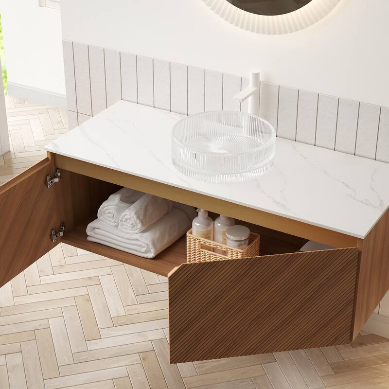 30"/36"/48" Floating Bathroom Vanity with Vessel Sink, Wall Mounted Sintered Stone Countertop Bathroom Storage Cabinet