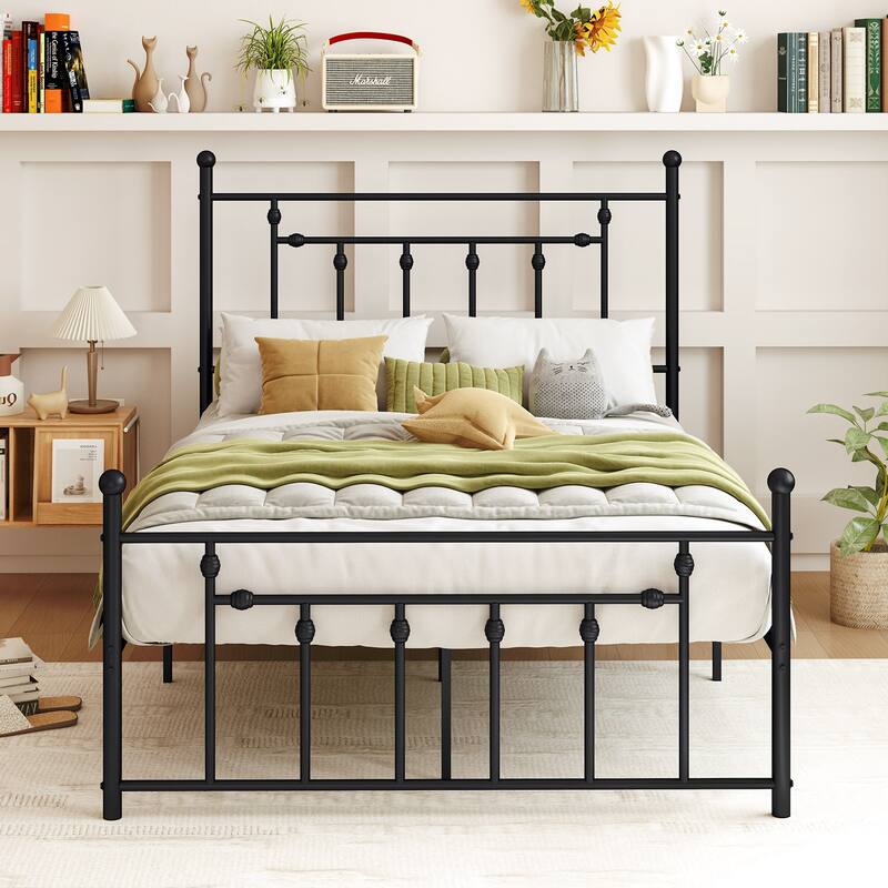 Metal Bed Frame with Built-In Headboard for Strong Support