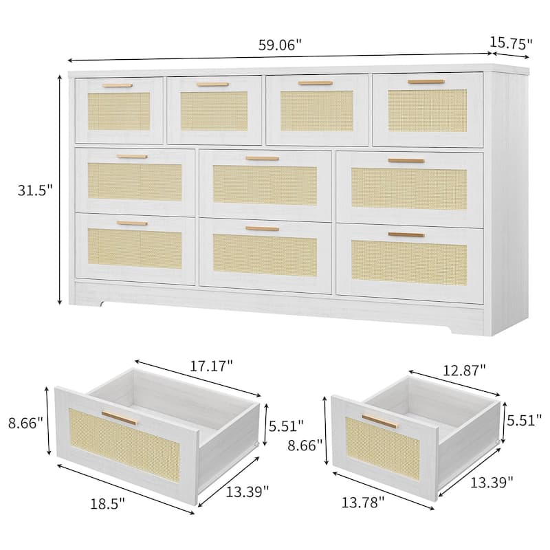 10-Drawer Dresser for Bedroom, Rattan Farmhouse Chest with Handles, Freestanding Wooden Storage Cabinet