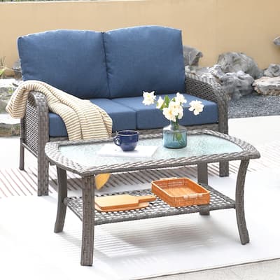 XIZZI 2-piece Outdoor Furniture Wicker Loveseat Sofa Set with Coffee Table
