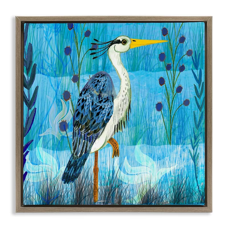 Stupell Standing Crane with Blue Tones Framed Floater Canvas Wall Art Design By Kay Widdowson - 25 x 25 - Brown