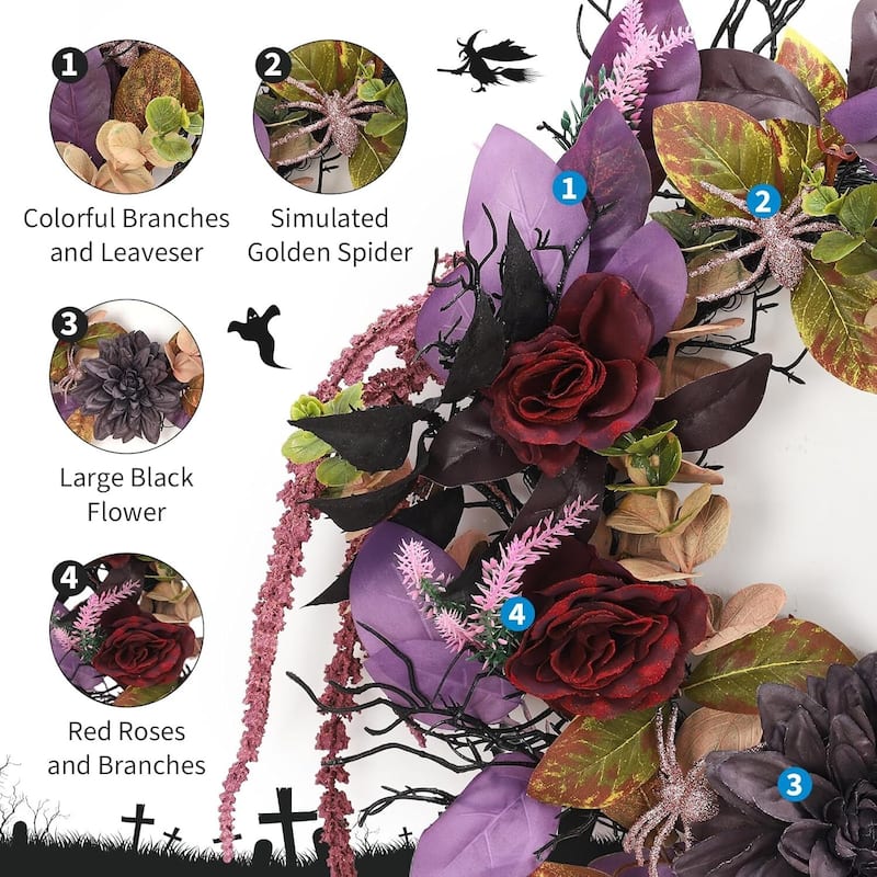 18 Inch Halloween Autumn Wreath with Artificial Flowers - N/A