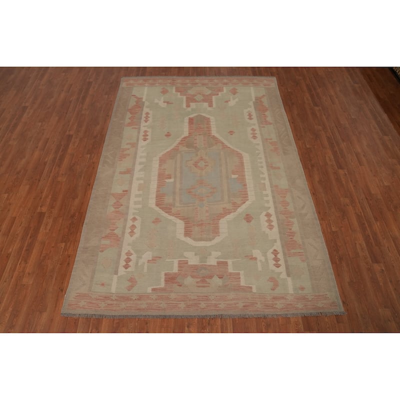Hand Woven Oriental 100% Wool Carpet Southwestern Tribal Green Kilim Area Rug - 9' 9'' X 6' 9''