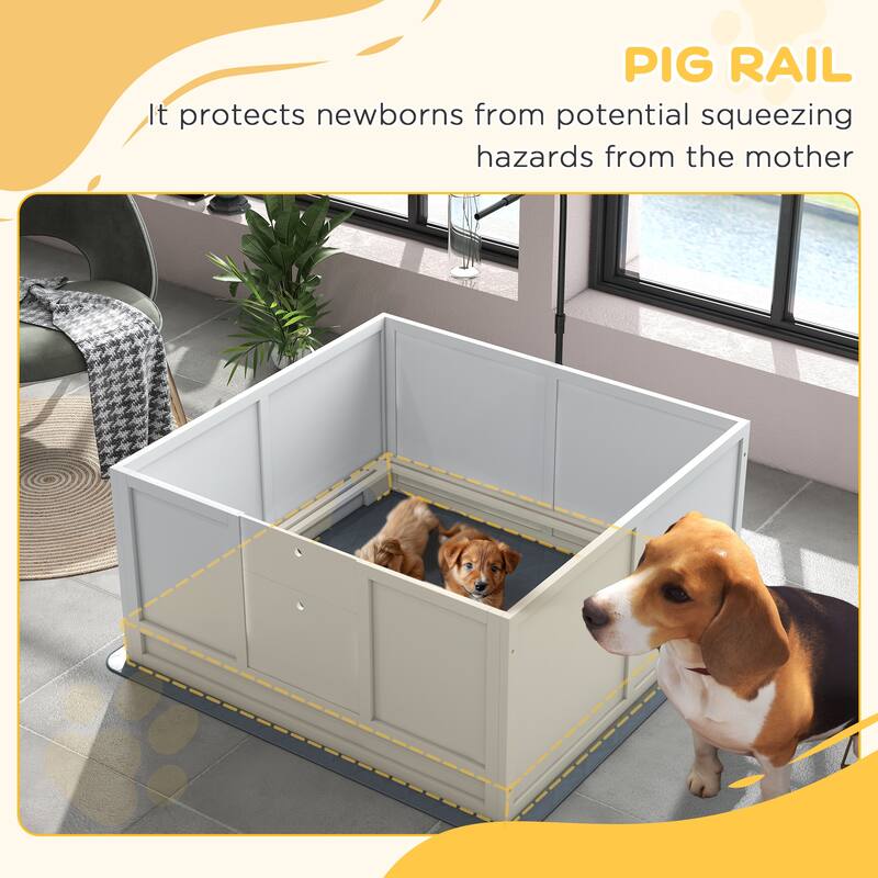 White Pinewood MDF Steel Dog Whelping Box with Pig Rail and Pad - 51.25" L x 51.25" W x 19.75" H