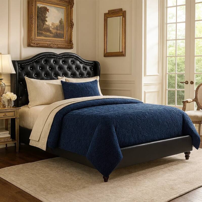 Magnificent Faux Leather Upholstered Queen Size Bed Black